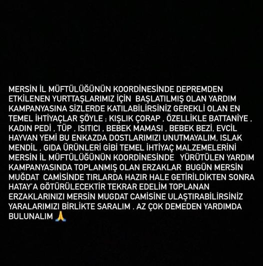 YARALARI BİRLİKTE SARALIM Mersin İl Müftülüğünün Koordinesinde depremden etkilenen yurttaşlarımız için başlatılmış olan