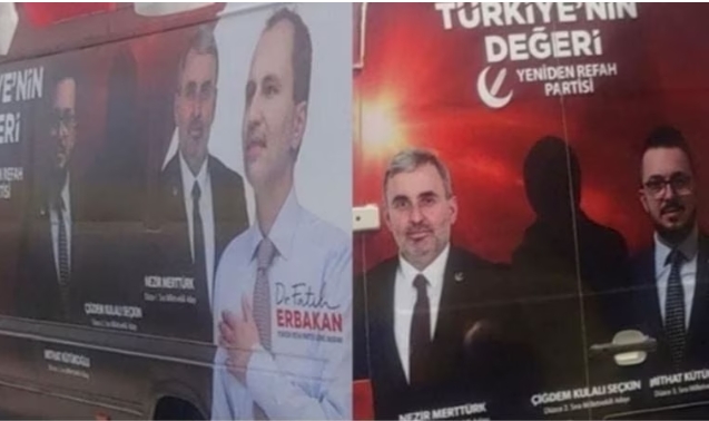 Yeniden Refah Partisi’nin seçim araçlarında kadın adayın fotoğrafı gölge şeklinde