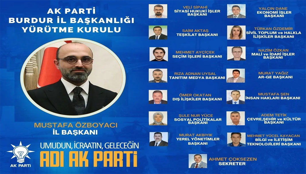 AK Parti Burdur il yönetiminde yürütme kurulu belirlendi – Birlik Haber Ajansı BURDUR-BHA AK Parti Burdur İl Başkanlığı’nda Mustafa Özboyacı’nın yeniden seçilmesinin