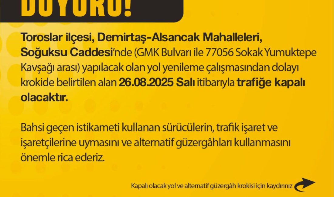 Toroslar ilçesi, Demirtaş-Alsancak Mahalleleri, Soğuksu Caddesi’nde (GMK Bulvarı ile 77056