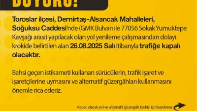 Toroslar ilçesi, Demirtaş-Alsancak Mahalleleri, Soğuksu Caddesi’nde (GMK Bulvarı ile 77056